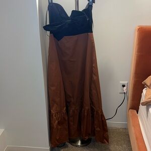 black and brown strapless dress with bow